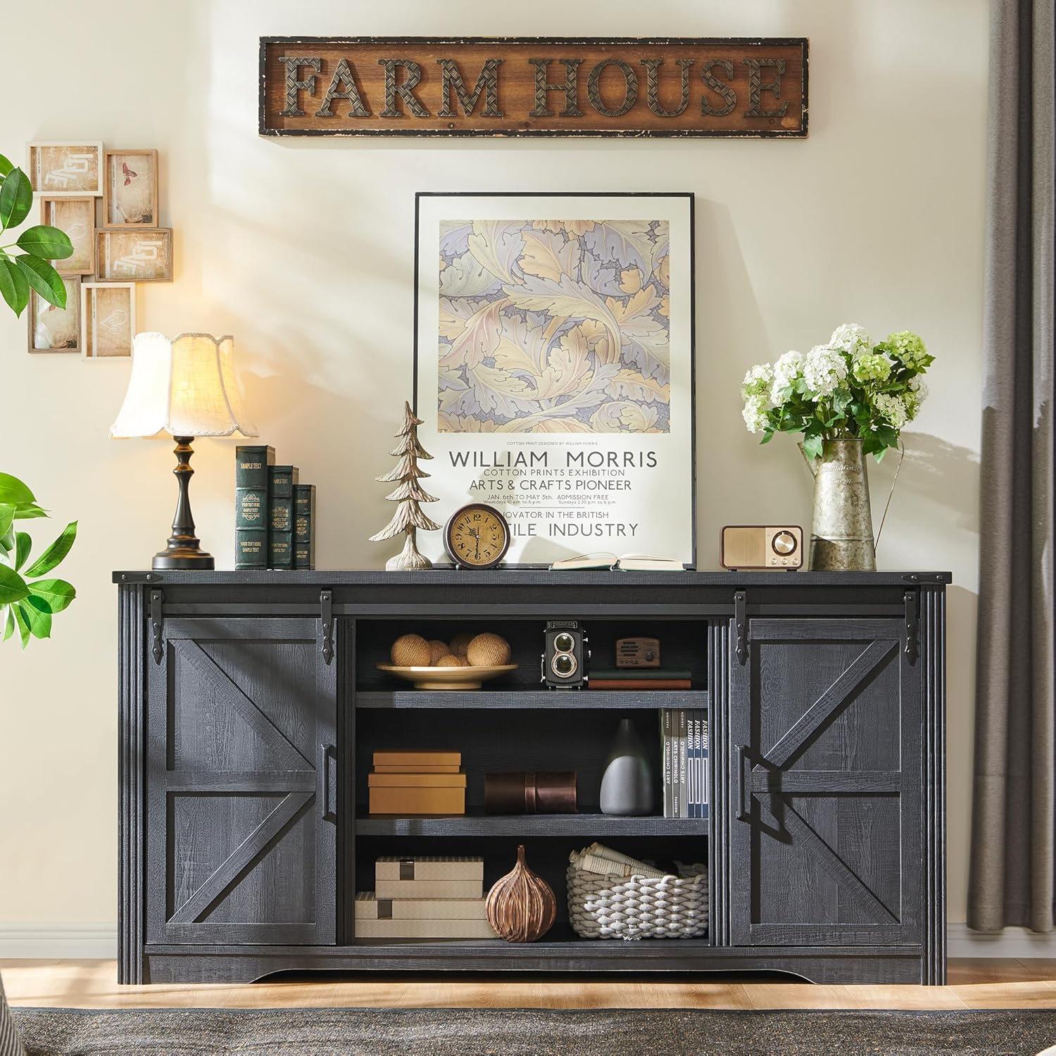 JXQTLINGMU Farmhouse TV Stand for 75+ Inch TV, 32 Tall Entertainment Center w/4 Drawers & Sliding Barn Door, Rustic Media Console w/Storage Shelves, 66 Wood Television Stand for Living Room, Black