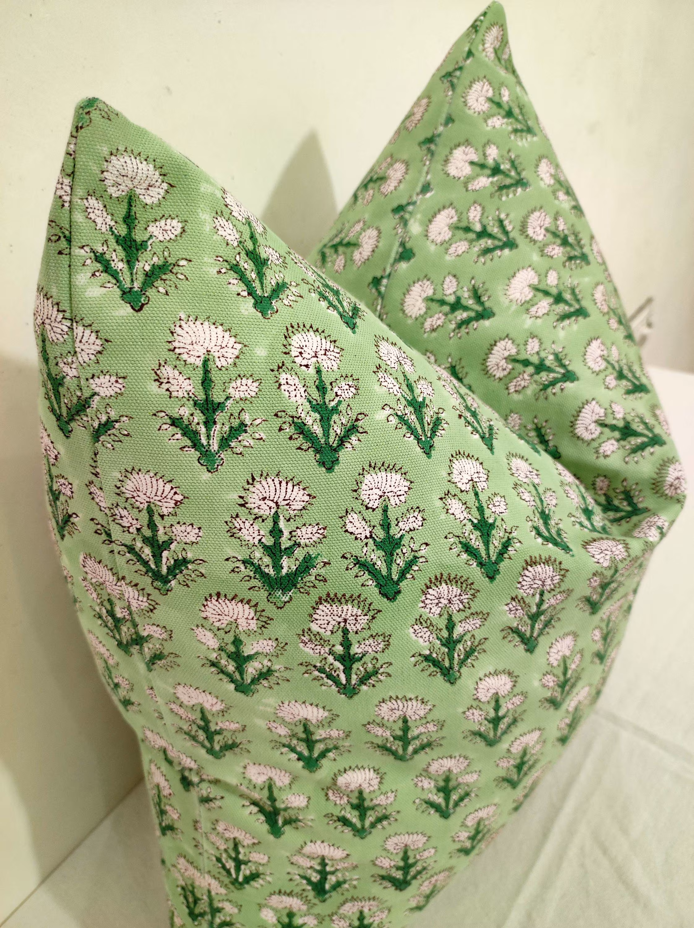 Hand Block Print Pillow Cover: Organic Cotton Green Floral Sham