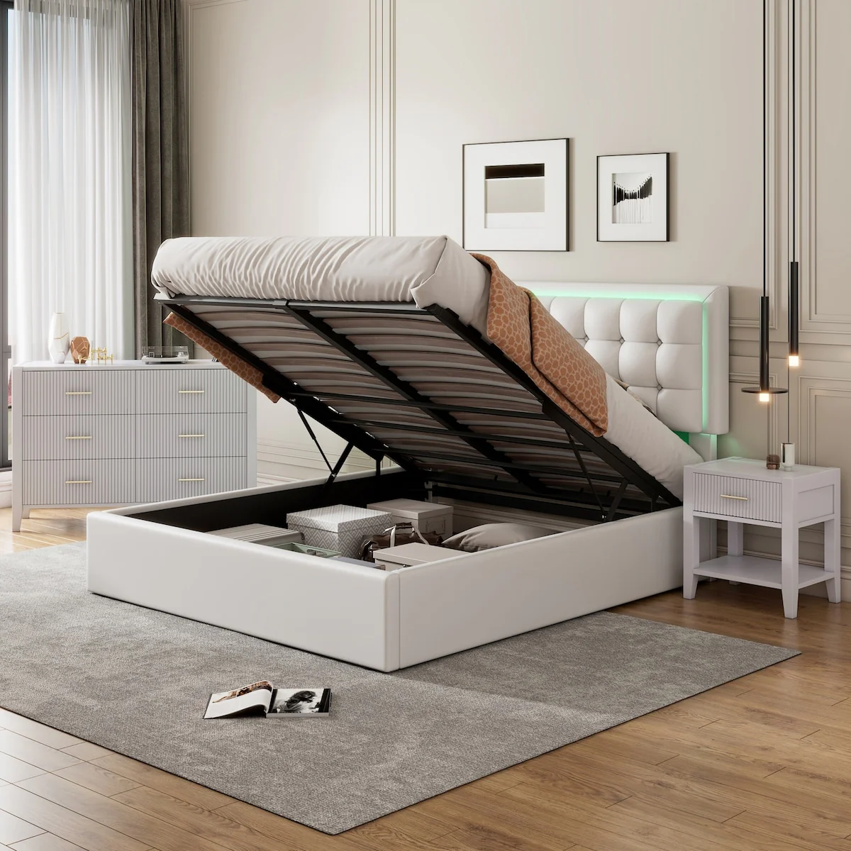 3-Pieces Bedroom Sets Queen Size Tufted Upholstered PU Platform Bed with Nightstand and Storage Dresser, White