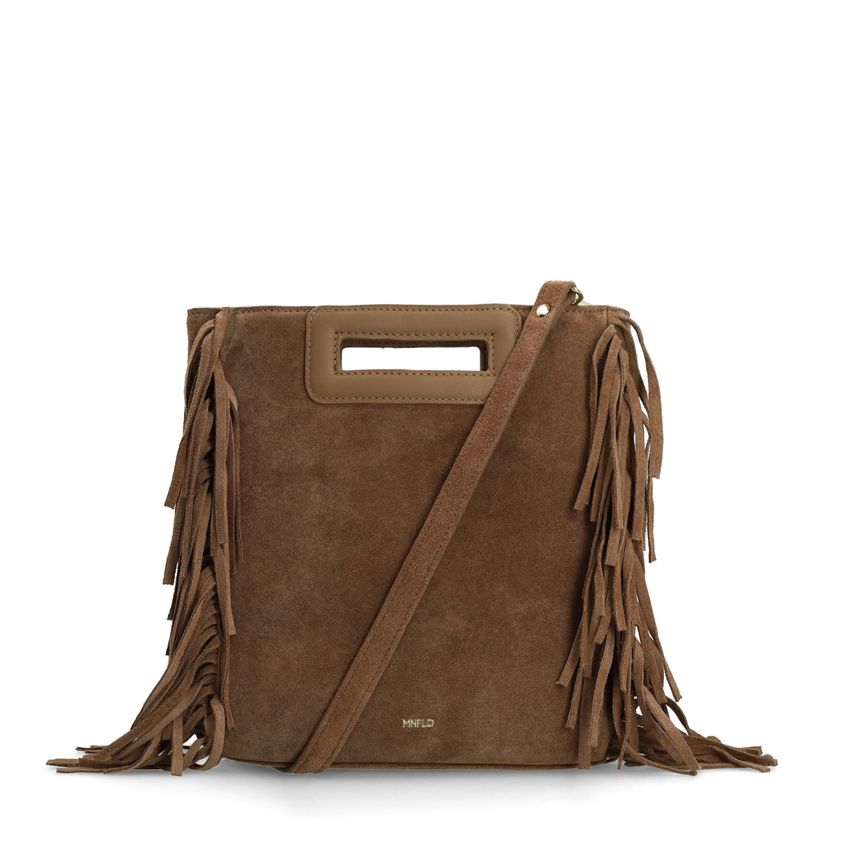 Manfield Taupe suède handtas met franjes