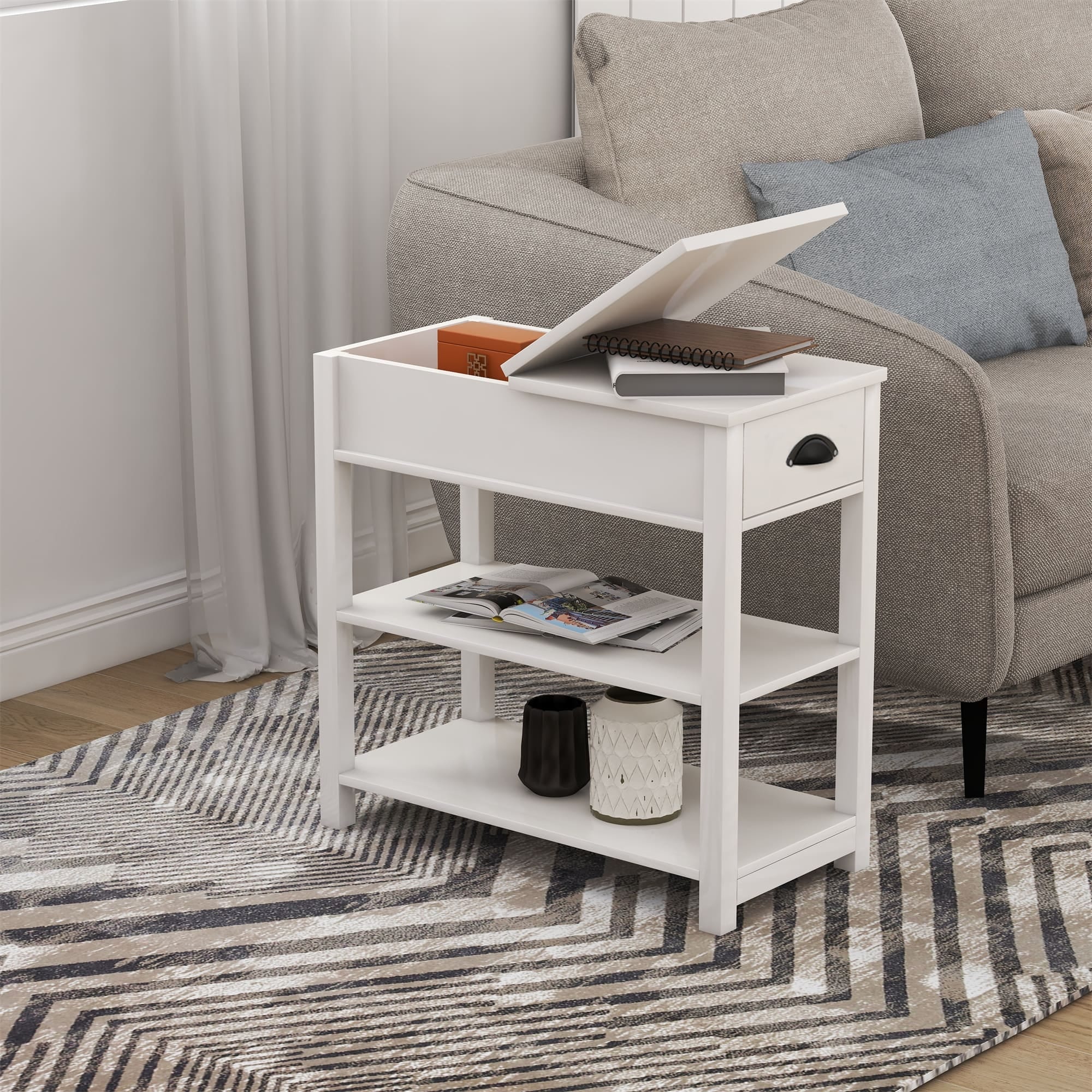 Narrow Flip Top Side Table with Drawer End Table with 2-Tiers Open Storage Shelves Sofa Table for Living Room,Bedroom