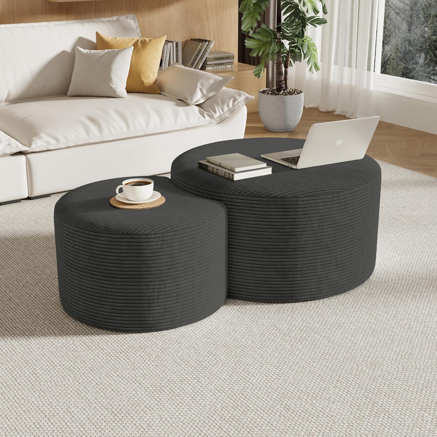 Round Nesting Coffee Table Set of 2,Upholstered Foam Ottoman Footrest Side Table Set,Modern Flannel Circle Coffee Table No Assembly for Living Room Entryway Bedroom,Grey