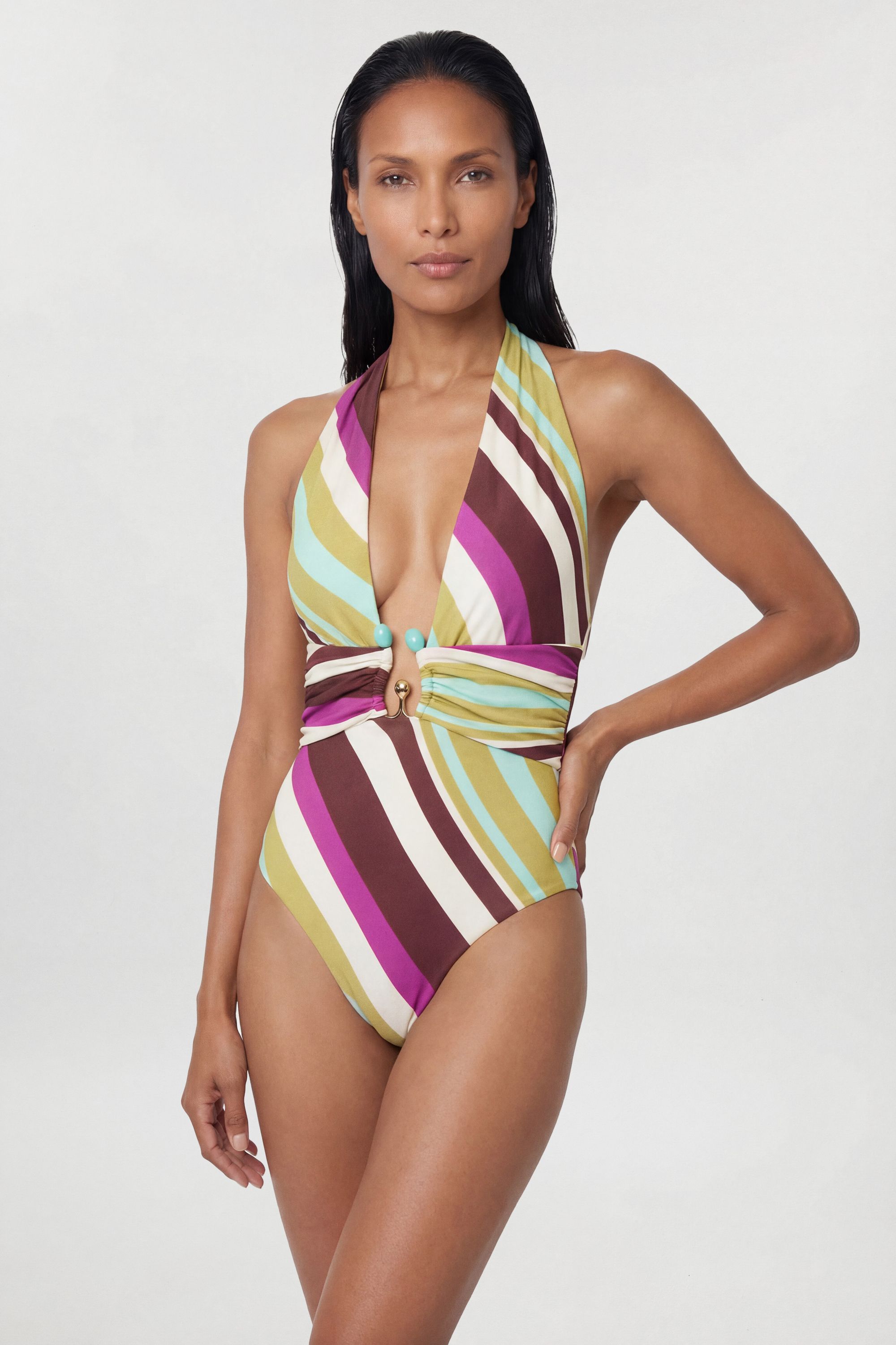 KarenMillen Diagonal Stripe Plunge Swimsuit With Stone Detail