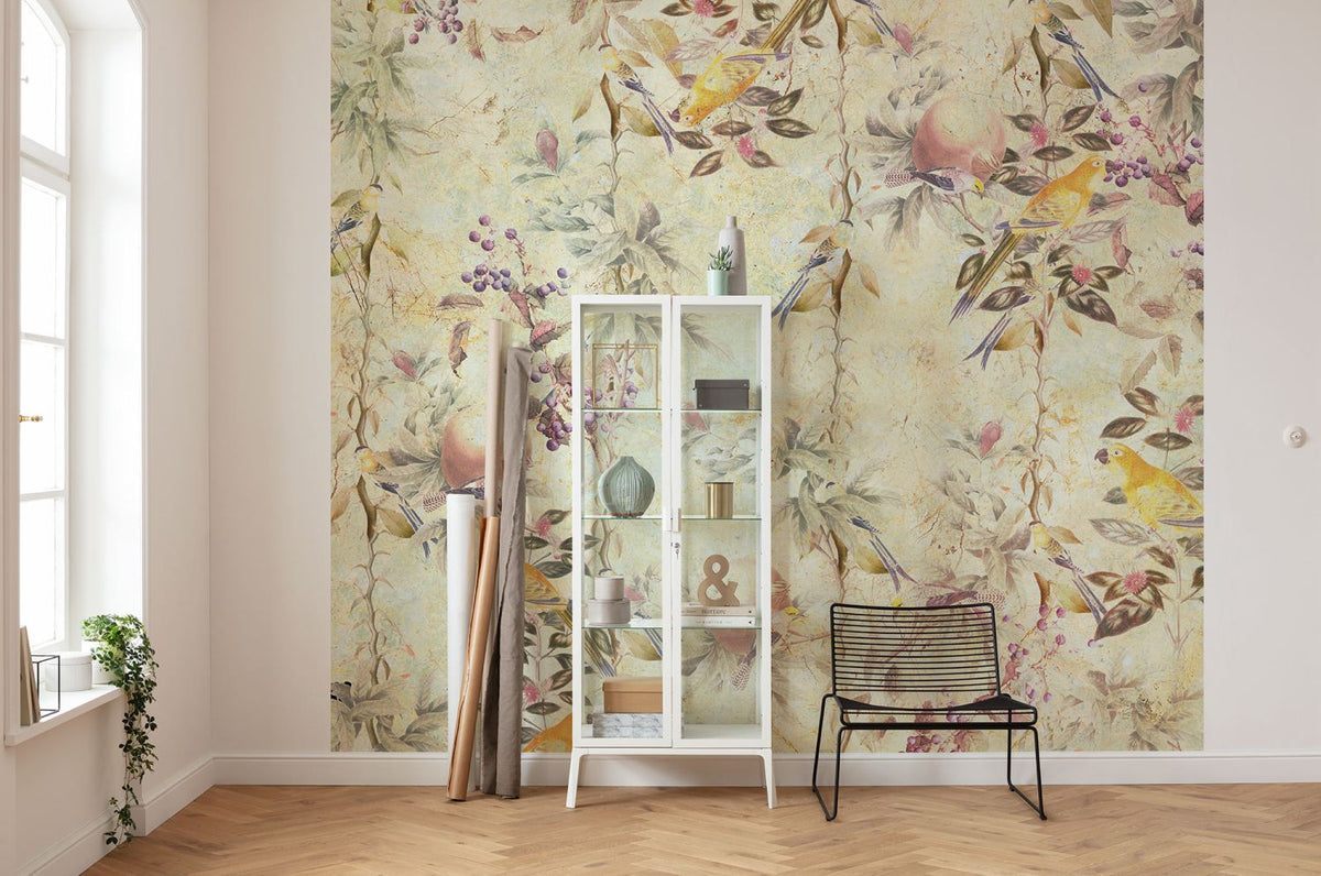 Sanders & Sanders fotobehang bloemen en vogels geel en beige - 300 x 280 cm - 612413