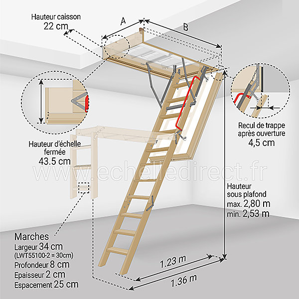 Echelle escamotable bois - Trémie de 60 x 100cm - Hauteur de 2.53 à 2.80m - LWT60100-2