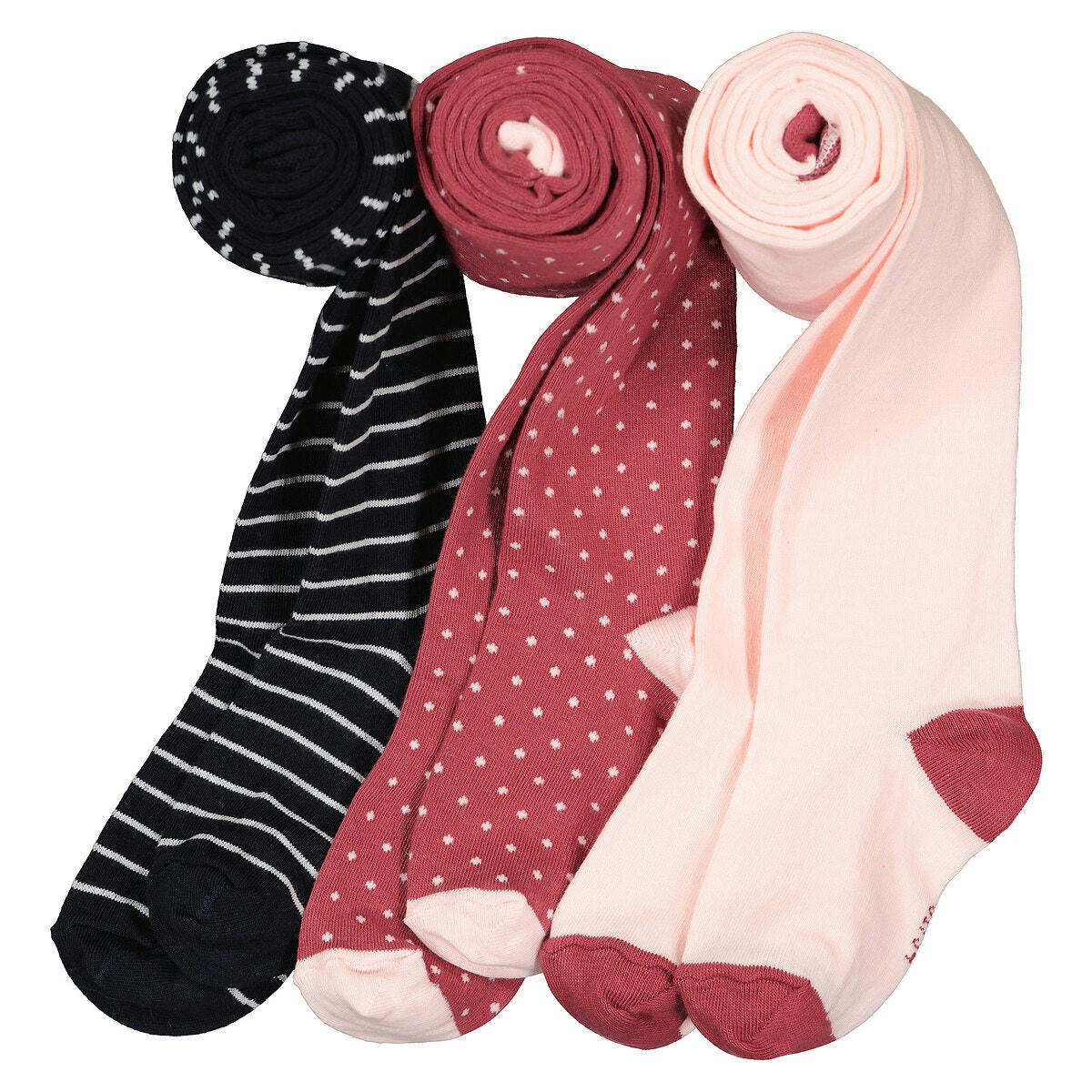 Lot de 3 paires de collants rayé, à pois et uni