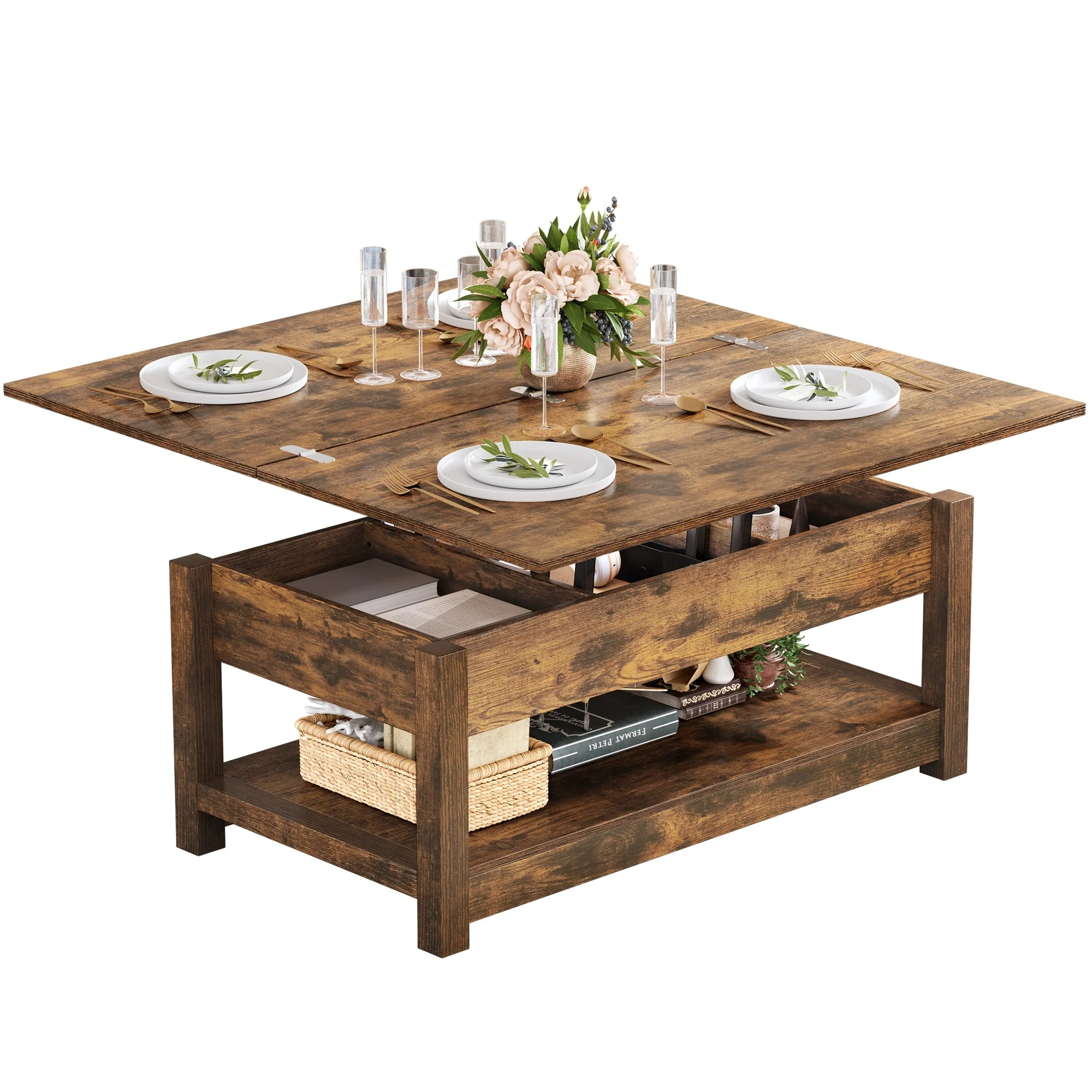 Moasis Lift Top Coffee Table Extendable Tabletop with Hidden Storage and Shelves