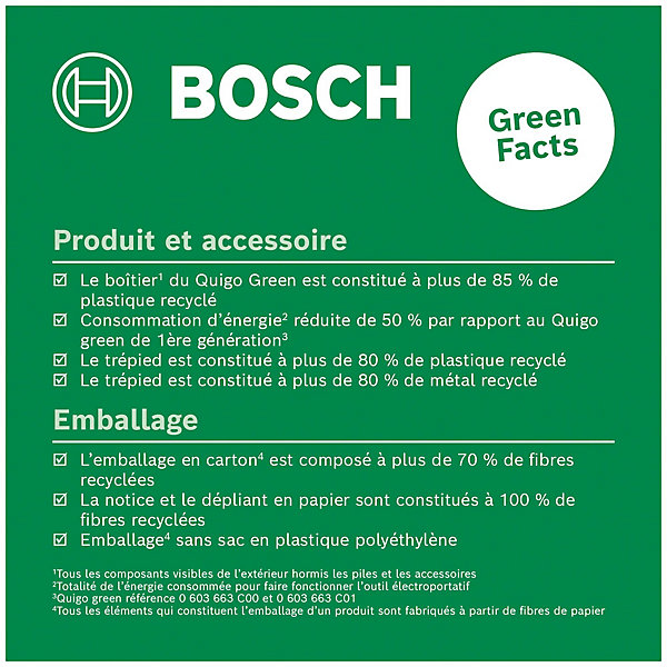 Niveau laser à lignes vertes Quigo Green Bosch haute Visibilité et Précision 0,6 mm/m avec trépied