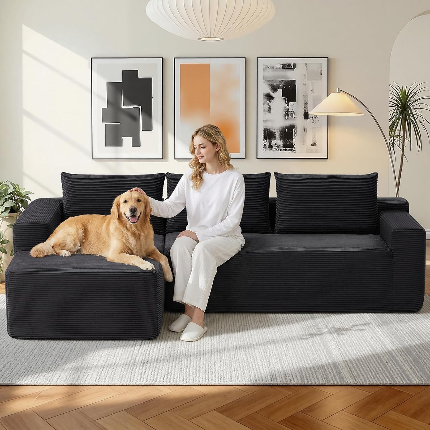 97 Cloud Sectional Couch, Modular Boneless Couch with L-Shape Chaise, Modern Sectional Sofa with Deep Seat Corduroy Corner Foam Cloud Sofas for Living Room,No Assembly Required (Black, Left Chaise)