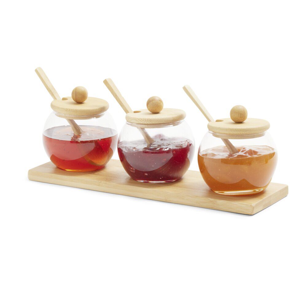 Support en bambou avec 3 bocaux 250ml et 3 cuillères 29x10xH8cm