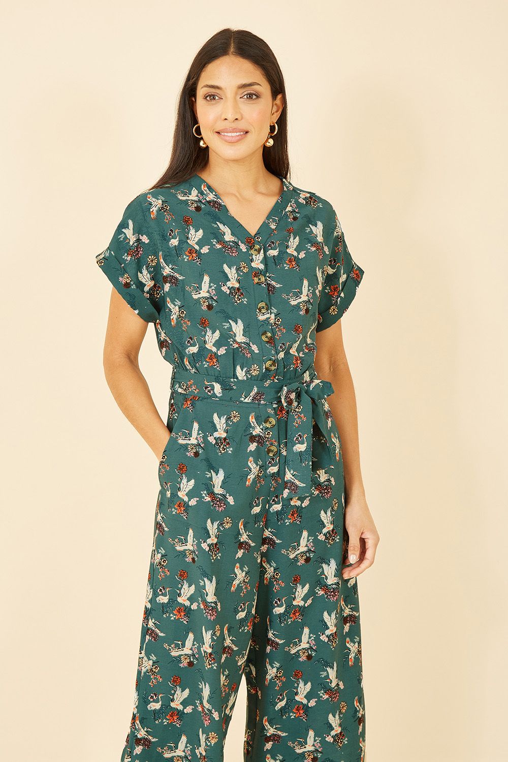Yumi Teal Crane Print Culotte Jumpsuit