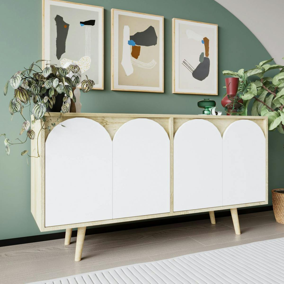 Buffet salle à manger effet bois 4 portes courbes blanches VAREN