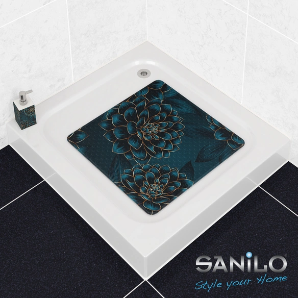 Badematte »Dahlien«, 53 x 53 cm, Blau, Quadratisch