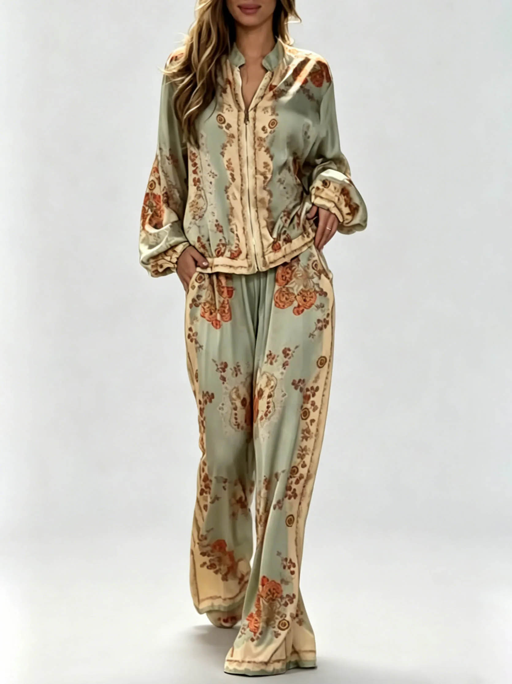 Retro Paisley Print Wide-Leg Pants