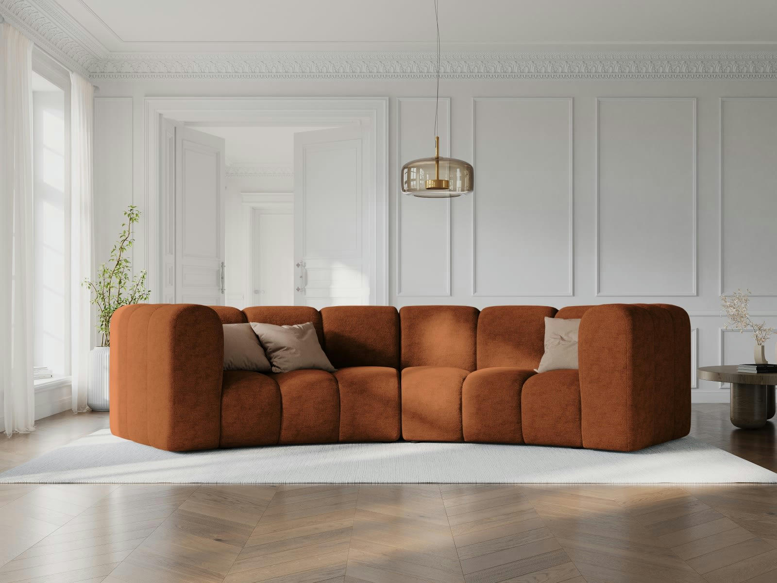 LUPINE - Canapé arrondi 3 places en tissu chenille cuivre