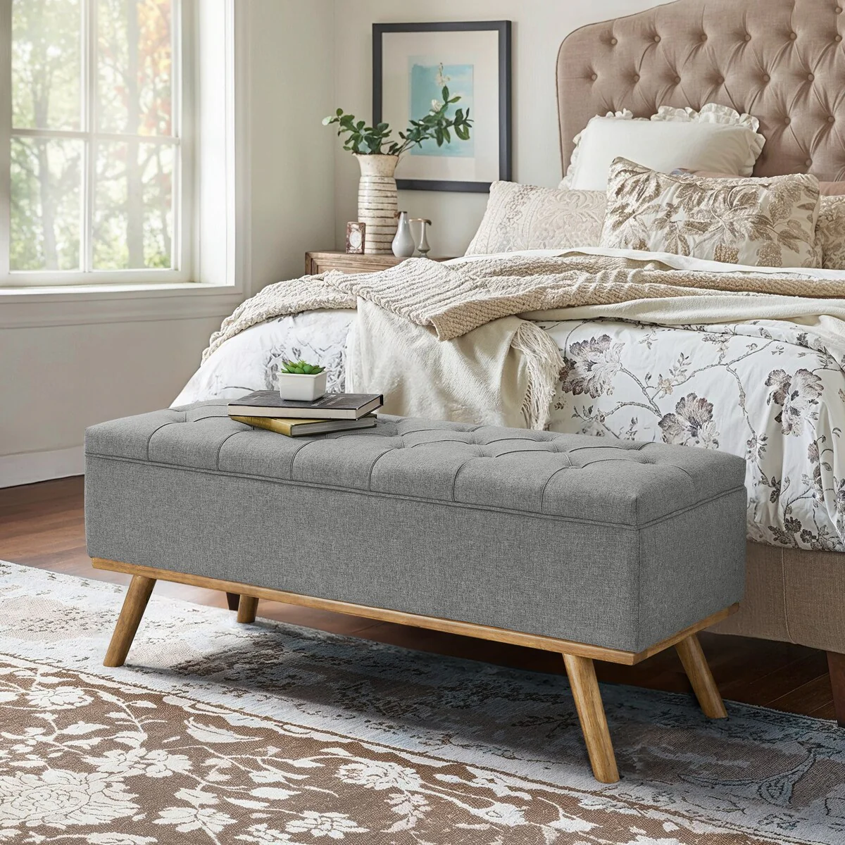 LUE BONA Mid-Century Modern Linen Upholstered Storage Bench with Storage Tufted Fabric Storage Ottoman