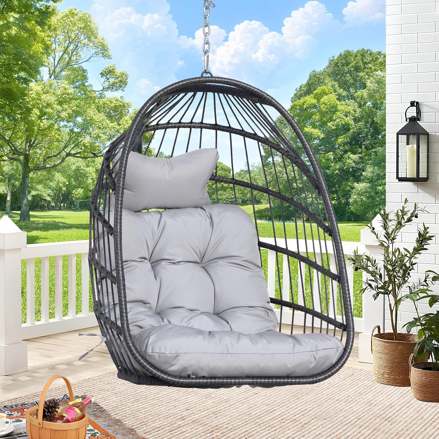 RADIATA Outdoor Hanging Egg Chair Without Stand, Foldable Rattan Wicker Swing Basket, 350 Lbs Heavy-Duty Hammock Chair with Cushion & Pillow for Patio Balcony Bedroom Garden Ceiling Tree, Light Gray