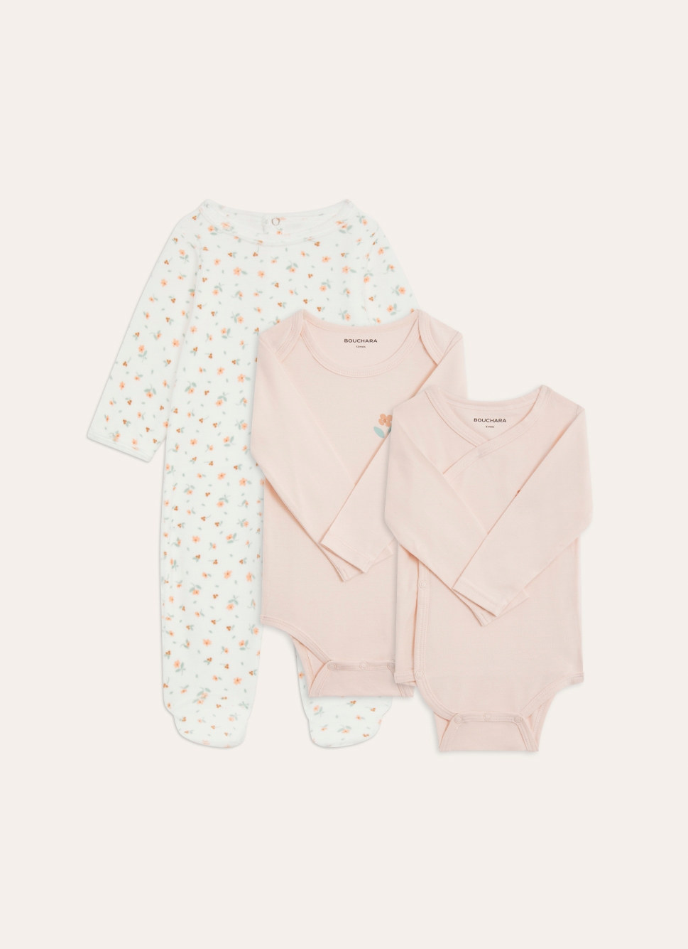 SET GRENOUILLÈRE & BODY MOTIF PETITES FLEURS ECRU