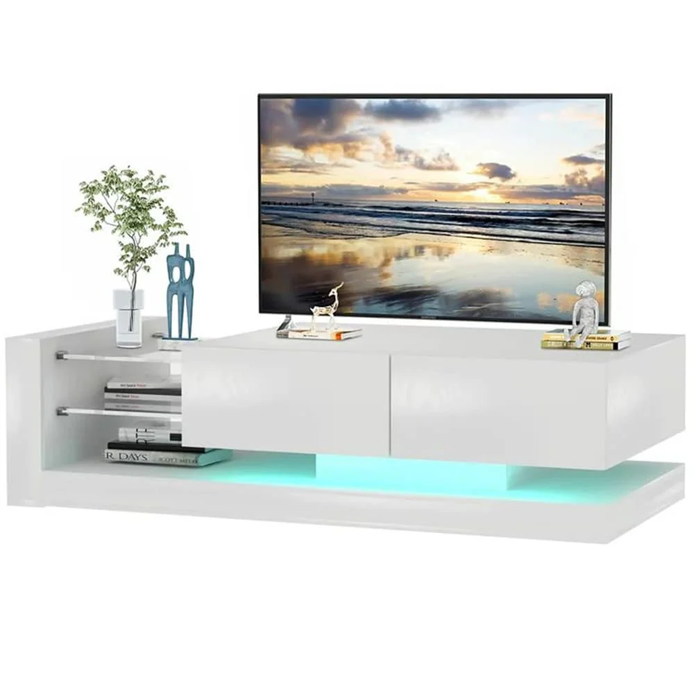 70W Modern LED TV Stand, 2 Cabinets, 2 Glass Shelves, Outlet - 70.8L x 14.96W x 14.96H
