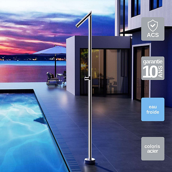 Douche de piscine Sense éclairage Led en Acier Inox 316 - Tête 54mm - H. 2,07m - Garantie 10 ans - POOLIMEX