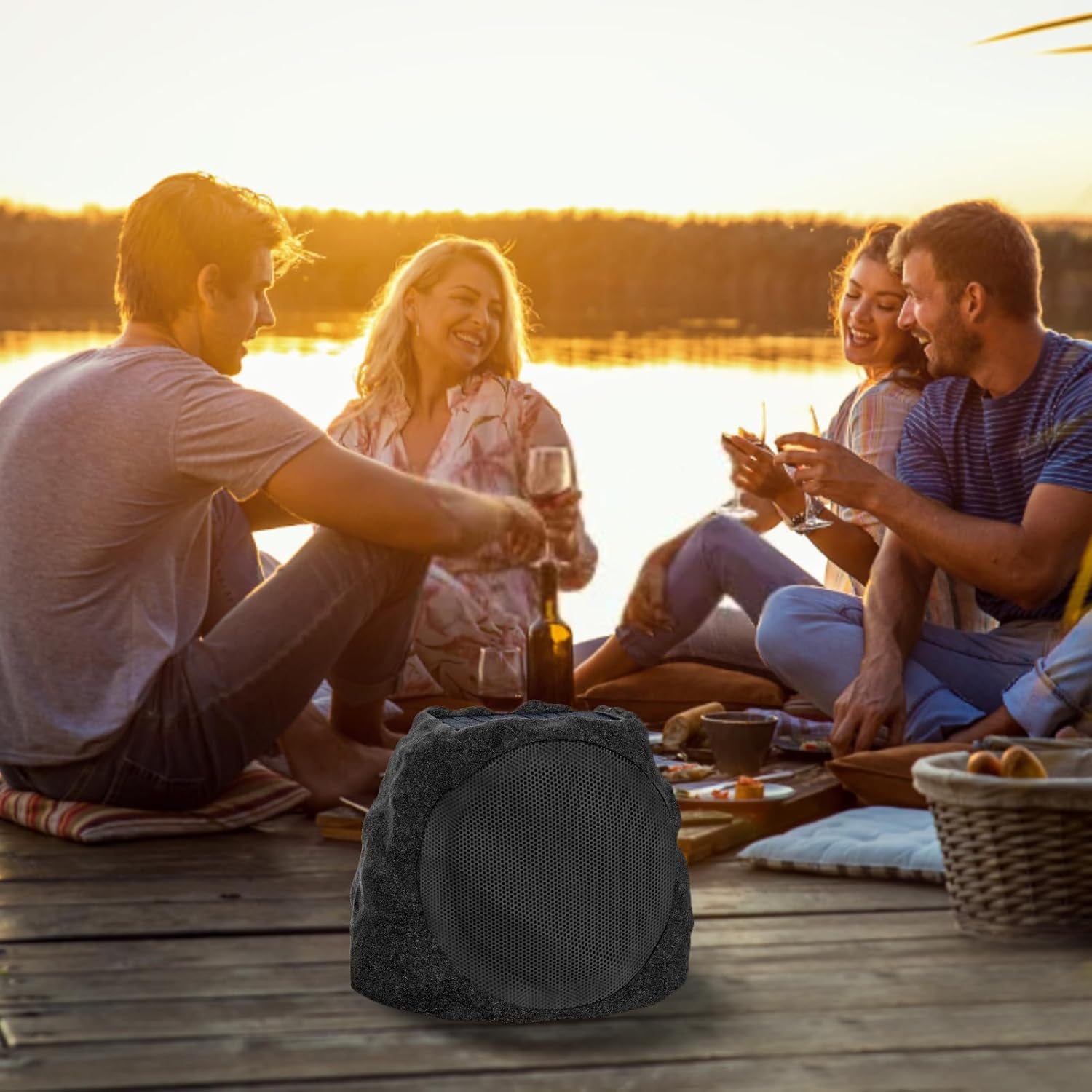Outdoor Speakers Solar Powered & USB-C Charging, Rock Speaker TWS Pairing Wireless Outdoor Speaker Bluetooth 5.3, LED Light Show, Waterproof, ideal for Backyard BBQ, Garden, Poolside(2-Pc,Black)