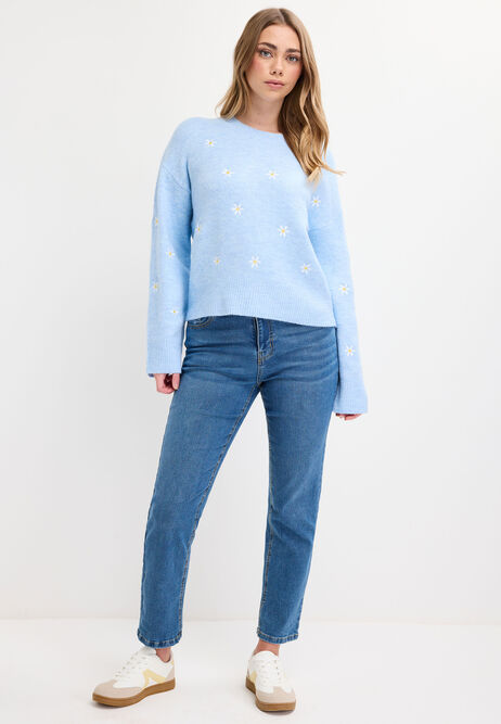 Womens Light Blue Daisy Embroidered Jumper