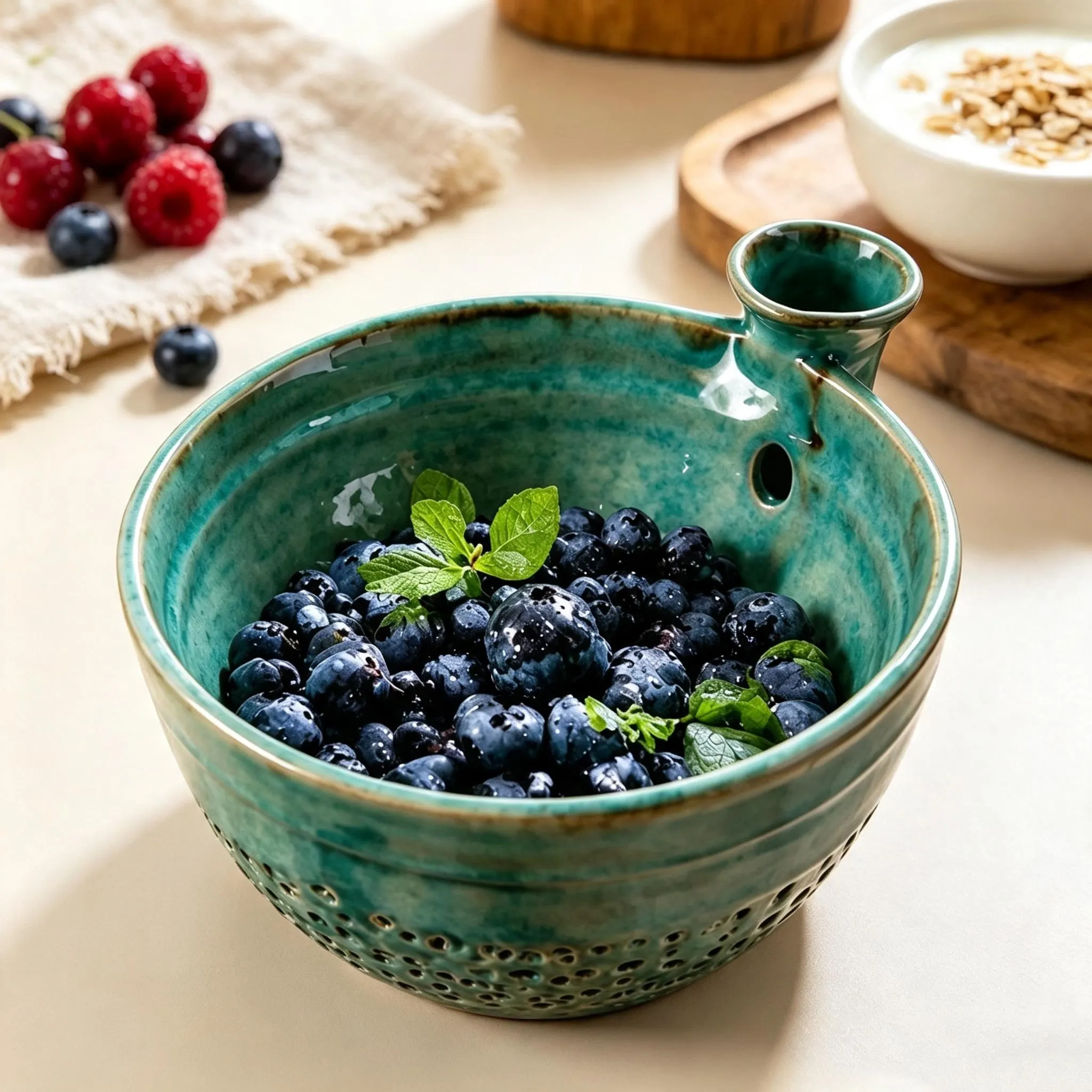 Kiln Fired Ceramic Berry Drain Bowl, Perforated Fruit Filter Tray, Rotating Wash Colander, Kitchen Decor Gift Birthday Present