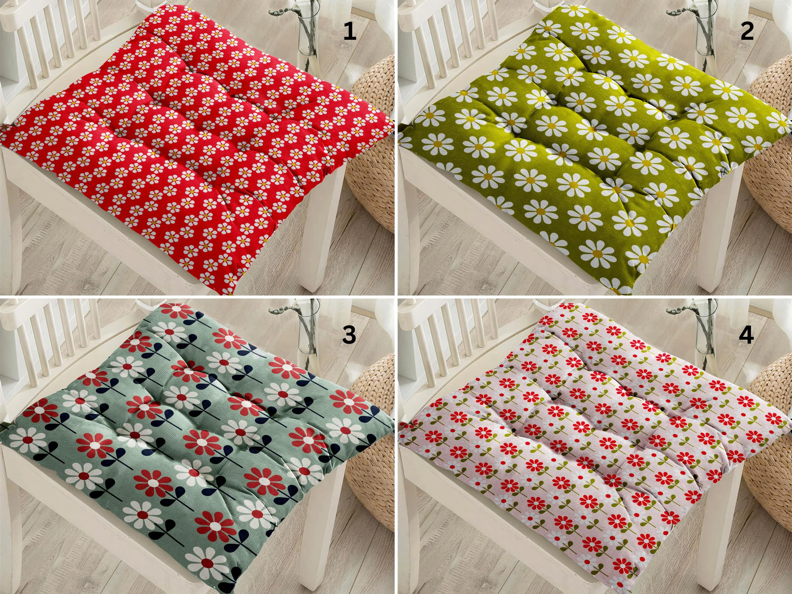 Daisy Print Seat Cushion: Vintage Floral, Puffy 16x16 Inch