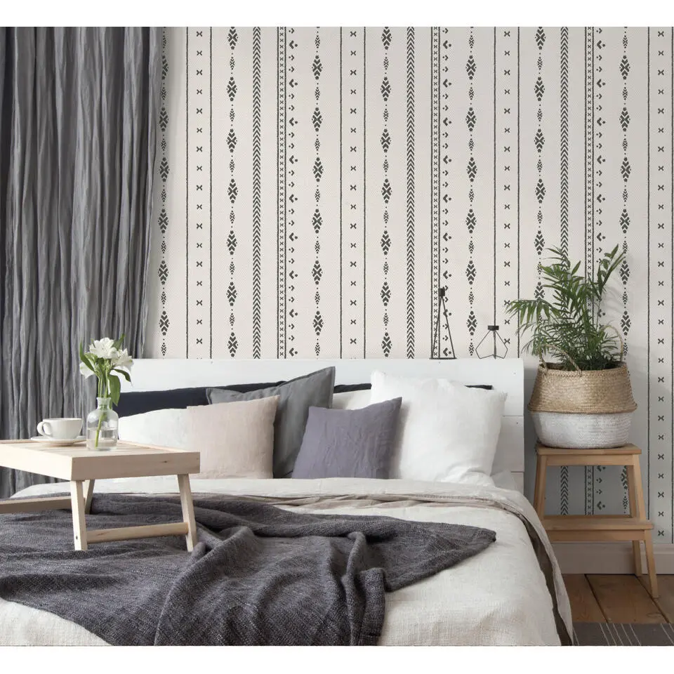 Sanders & Sanders behang etnisch motief beige en zwart - 53 cm x 10 m