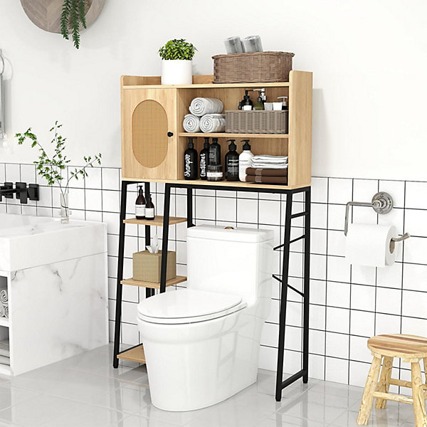 Meuble WC Au-Dessus des Toilettes, avec Porte en Rotin PE et étagère Réglable,pour Salle de Bain, 89x29x139cm, Naturel