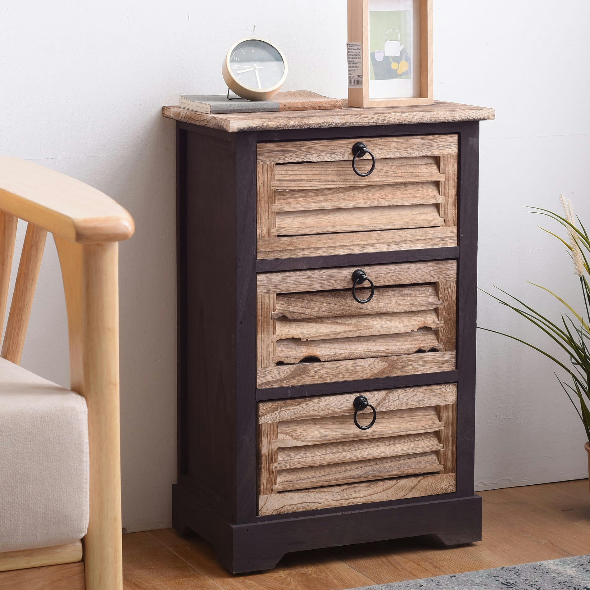 - Table de chevet 3 tiroirs en bois naturel et noir