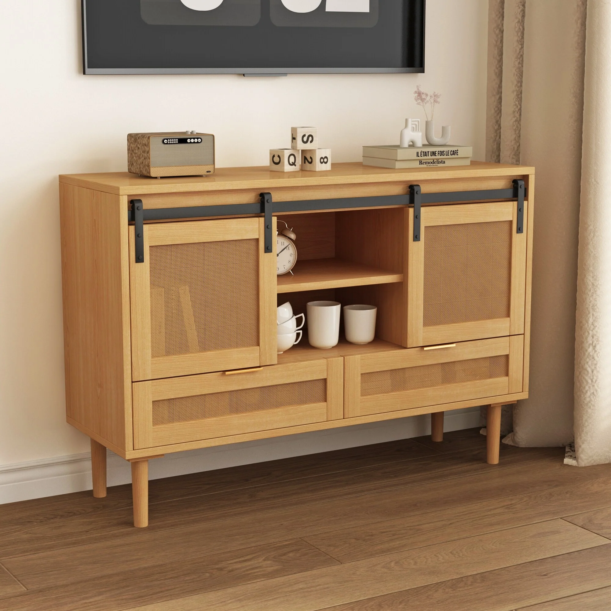 47 TV Stand with Barn Door, Drawers & Shelf for TVs Up to 43