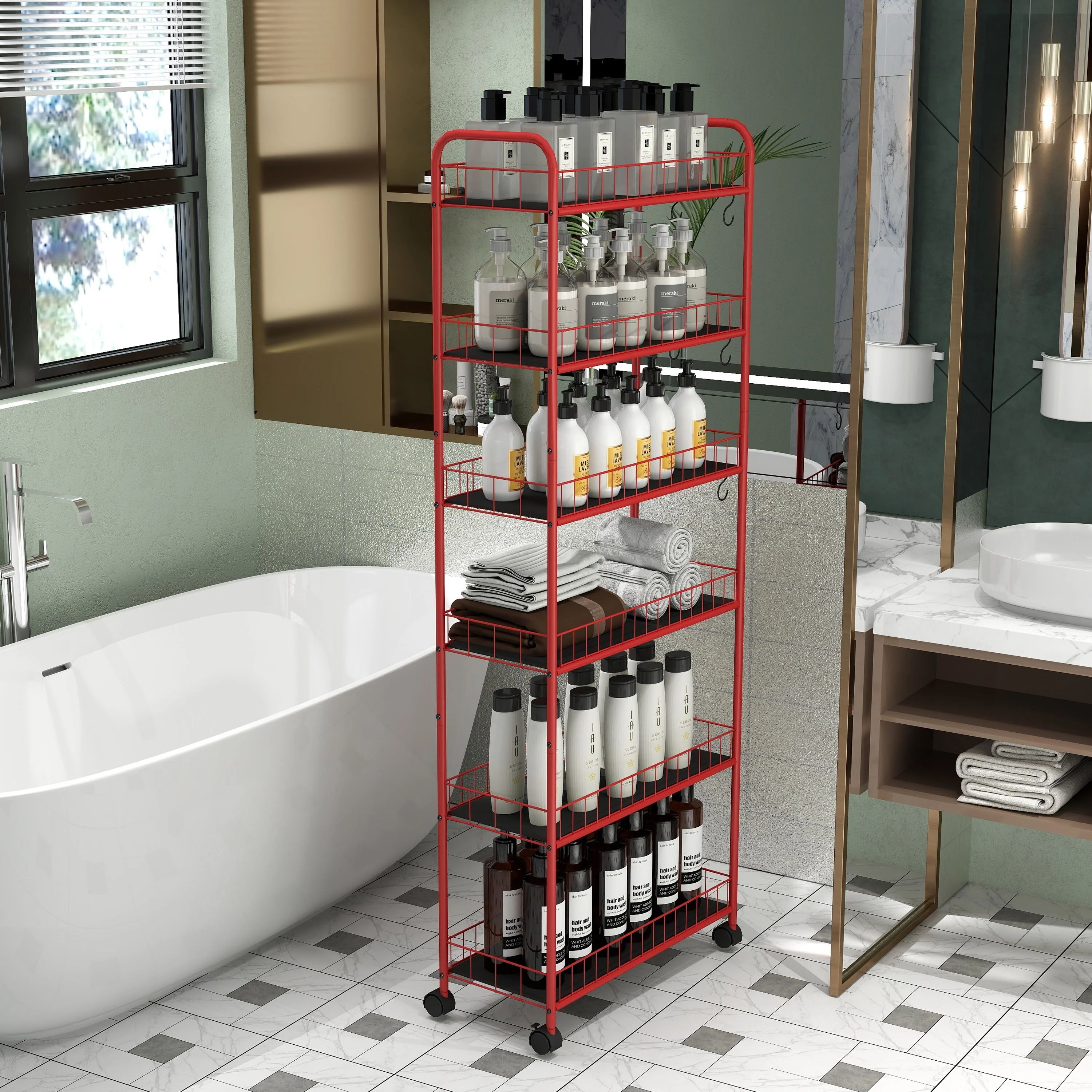 Red 6 Tier Slim Rolling Storage Cart(no include stool)