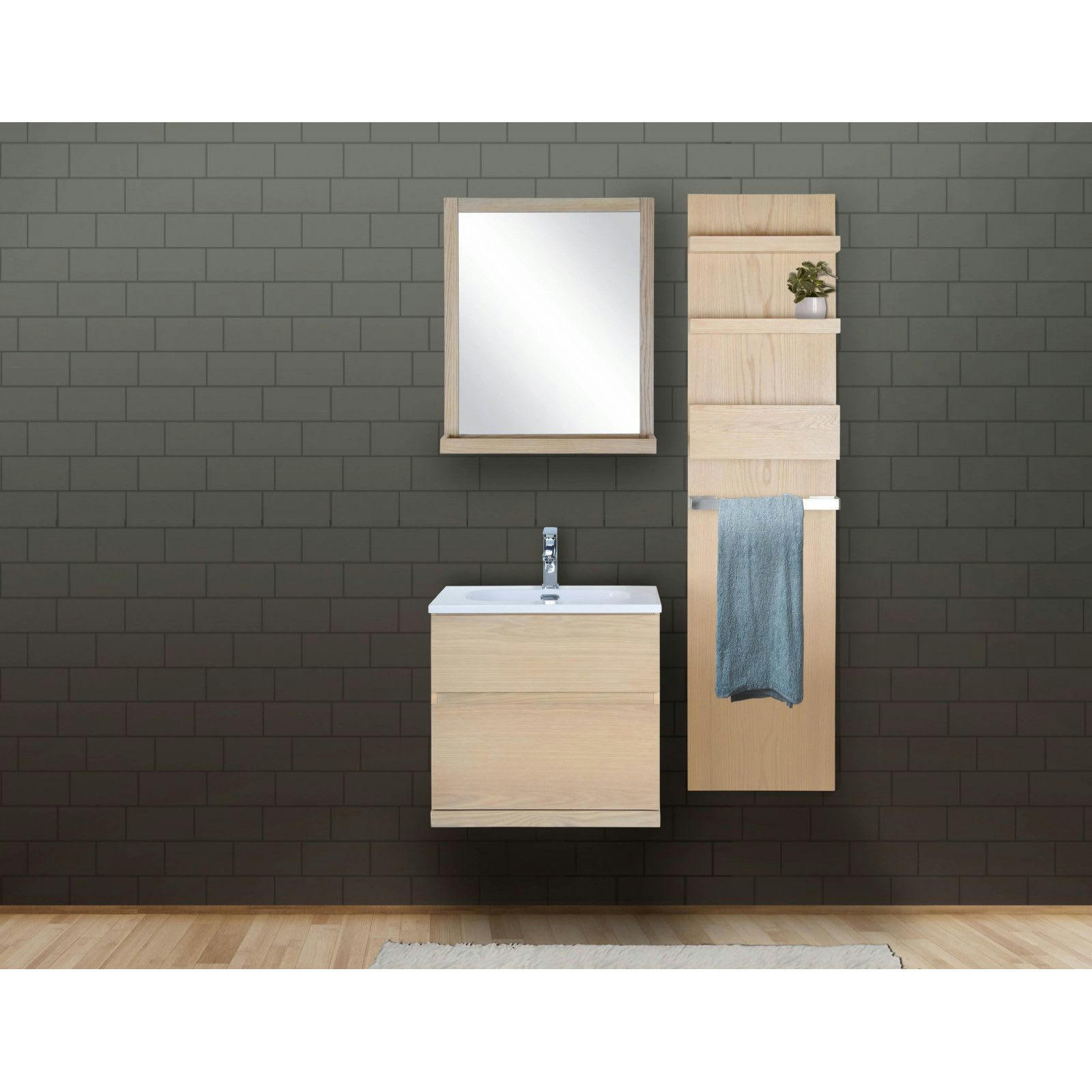 ENIO - Meuble sous vasque chêne avec plan résine  60cm + miroir + colonne