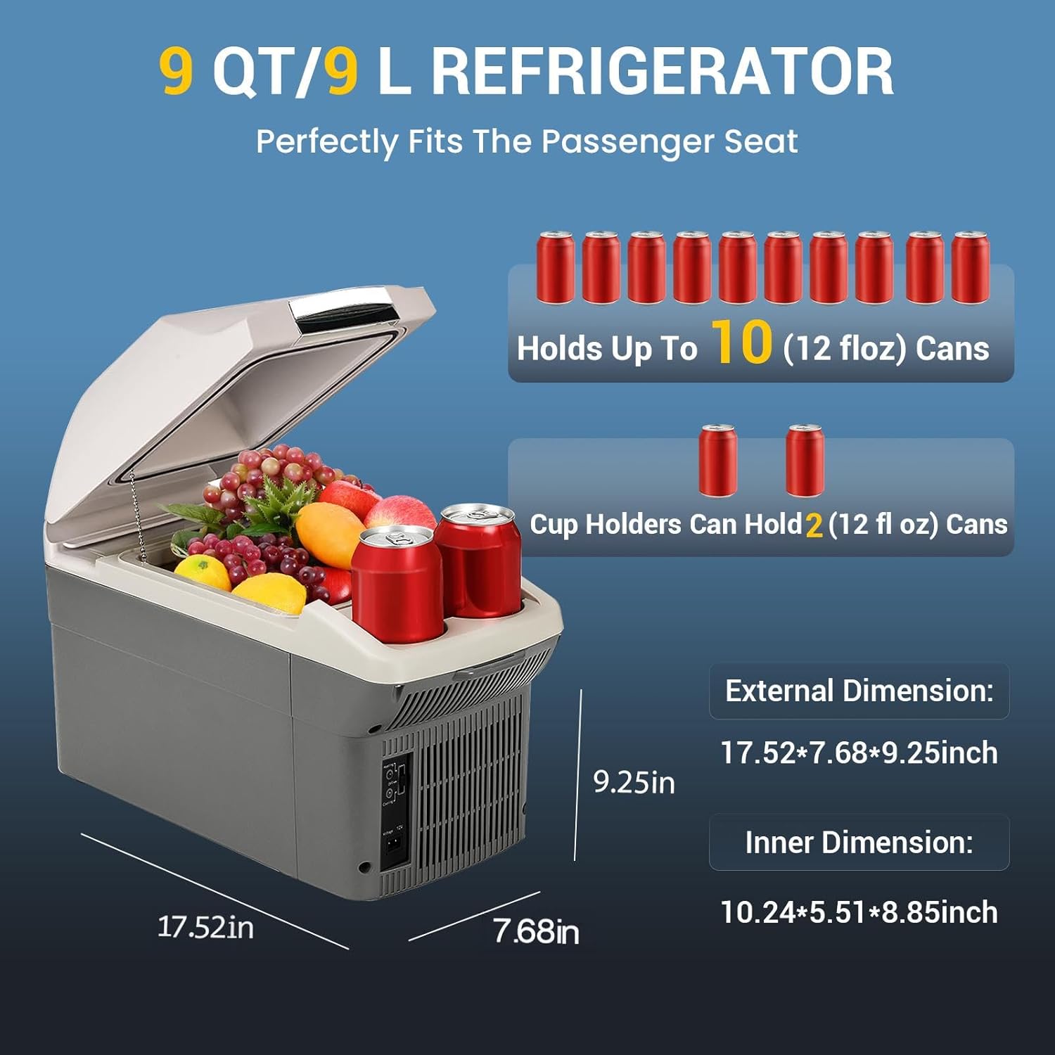 ICEROVER 12V Car Refrigerator Cooler/Warmer 8 Quart (9L) 40℉~140℉,12 Volt DC &110V AC, Electric Car Fridge Portable Compact Camping Cooler Thermoelectric 12V Small Fridge for Car, RV, Camping (Grey)