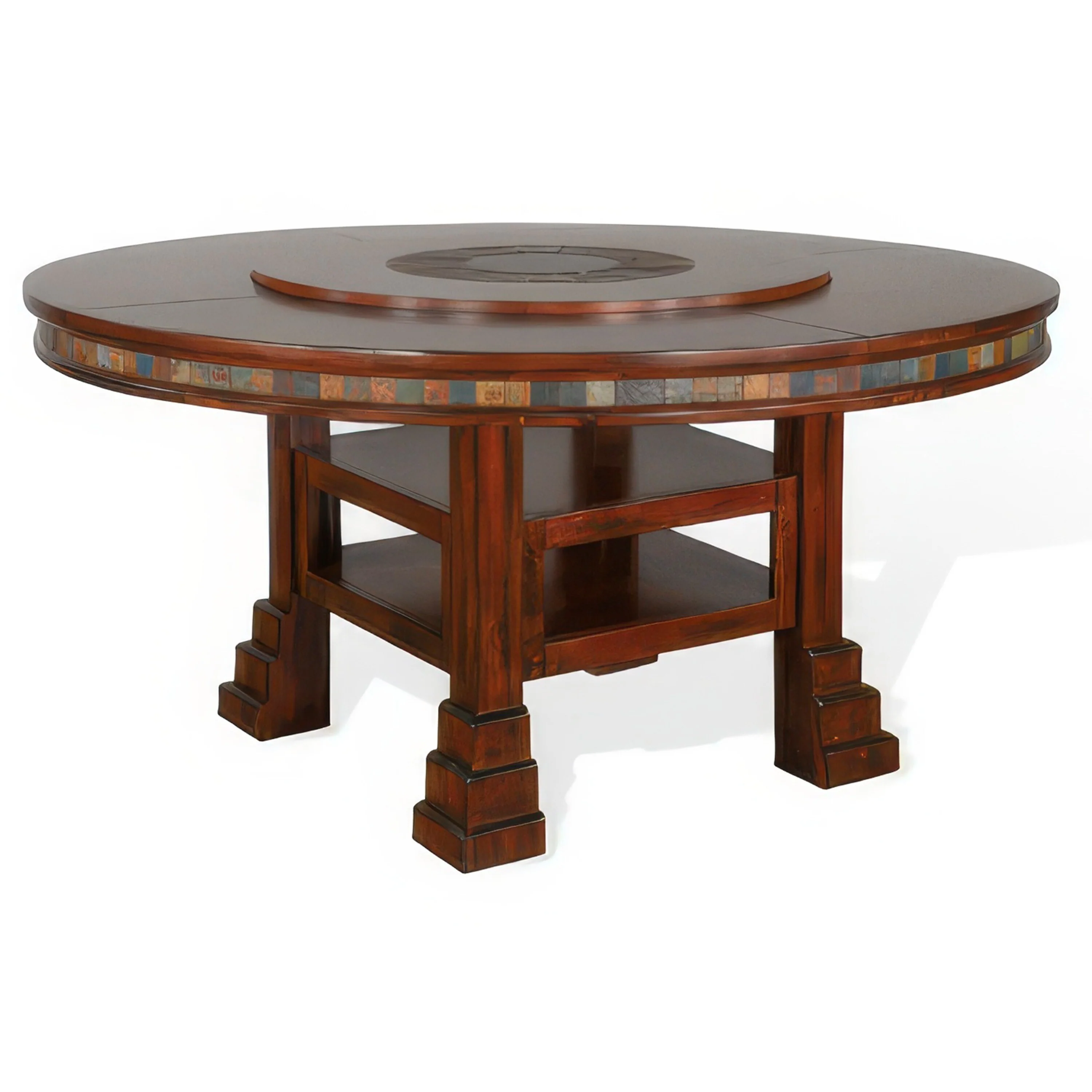 Odell Dining Table w Lazy Susan, 2 Shelves, 60 Inch Round Dark Brown