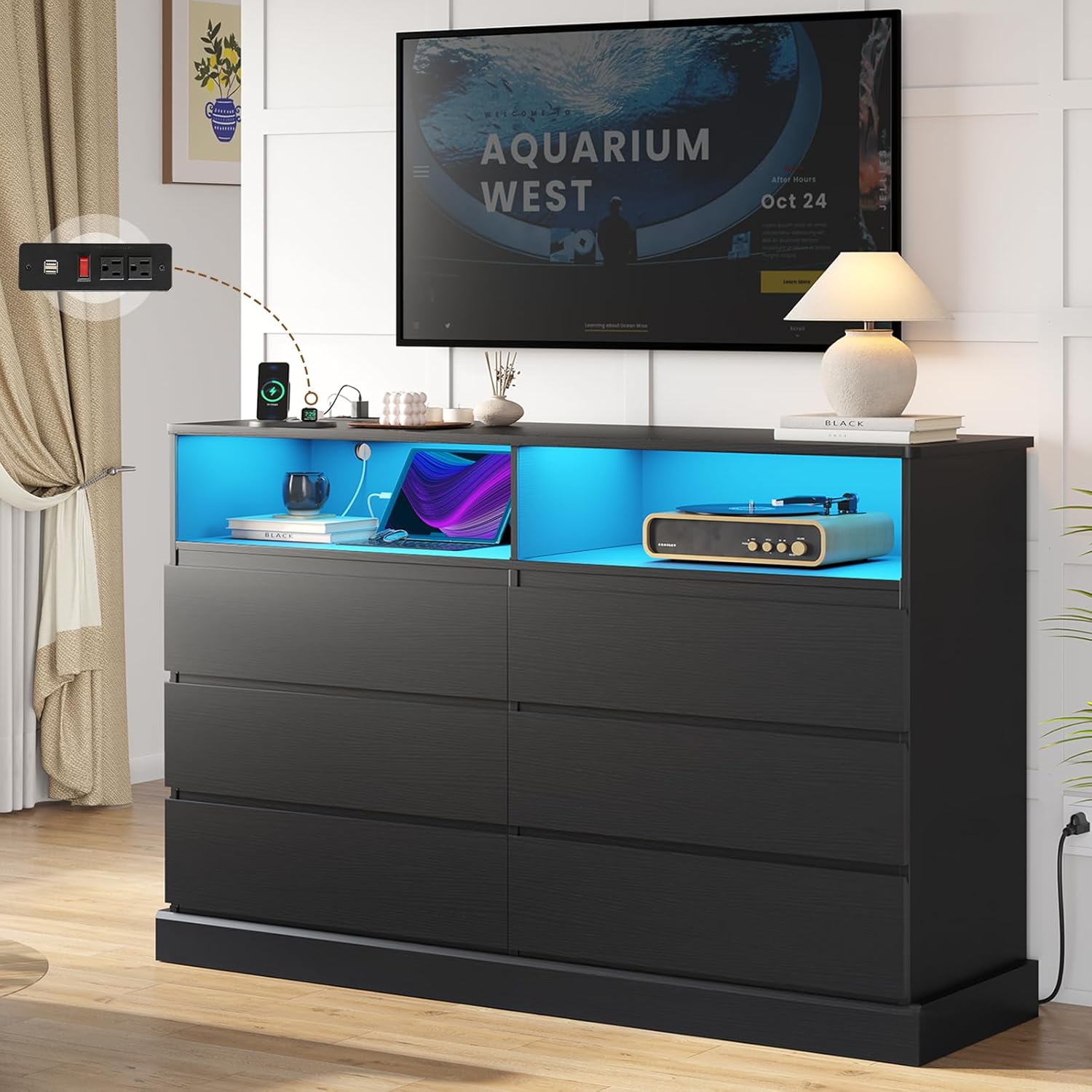 Hasuit Black Dresser for Bedroom with LED Lights and Charging Station, 51.2 Long Dressers Chest of Drawer with Large Drawers and Open Space, Modern 6 Drawer Dresser for Bedroom, Living Room, Entryway