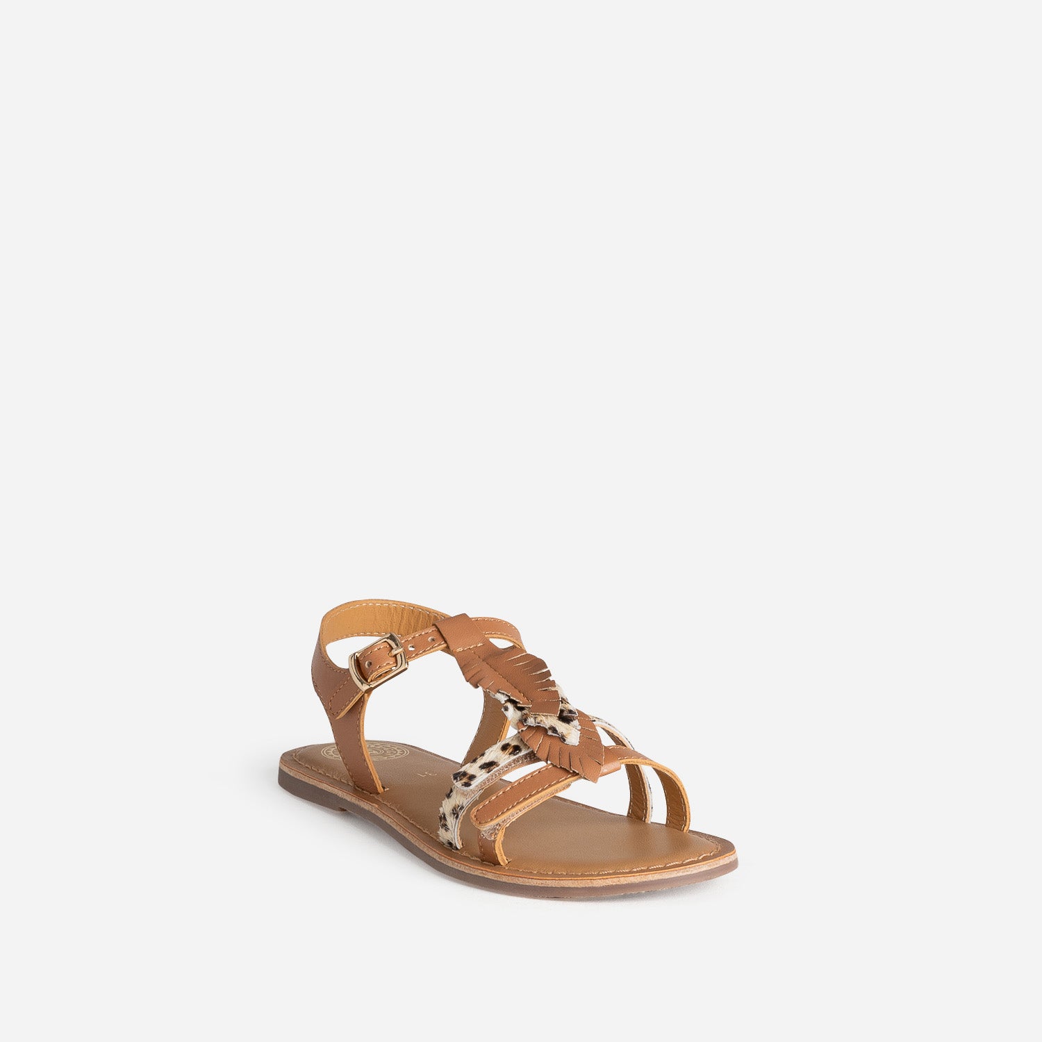 Sandale BUGGY camel cuir décor plumes
