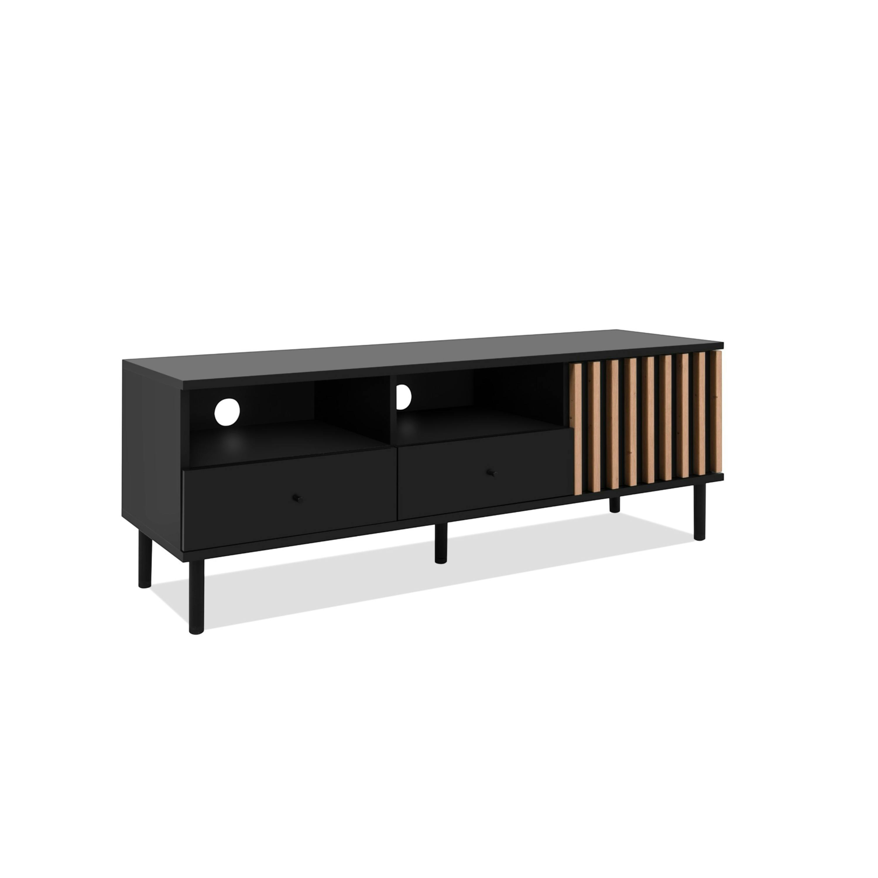 Meuble TV noir décor bois 1 porte 2 tiroirs NOREN