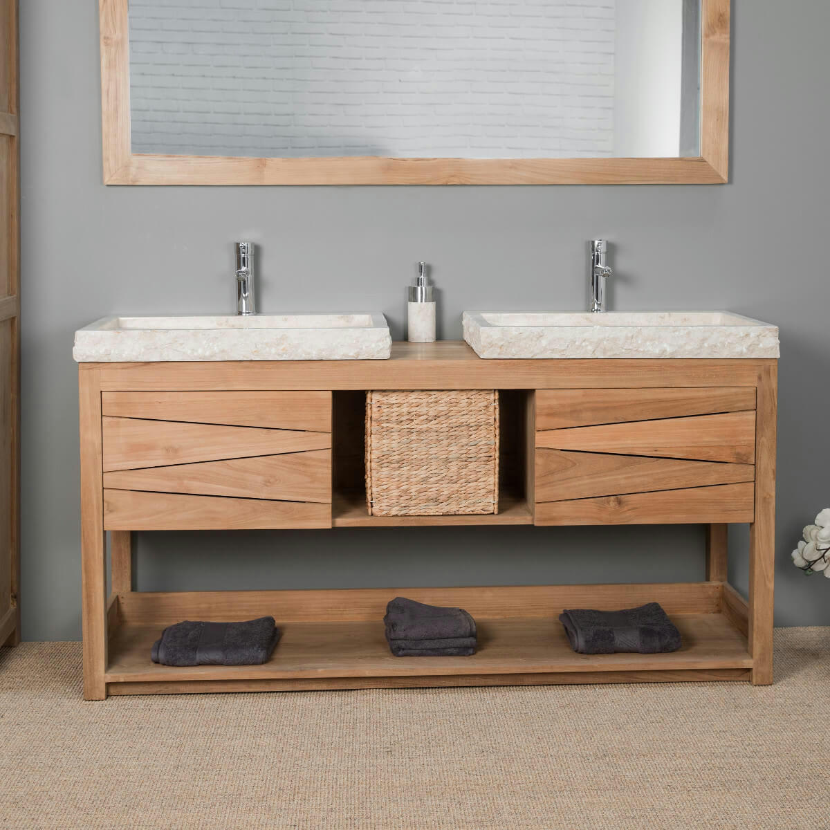 - Meuble double vasques en teck 2 vasques marbre crème L160cm