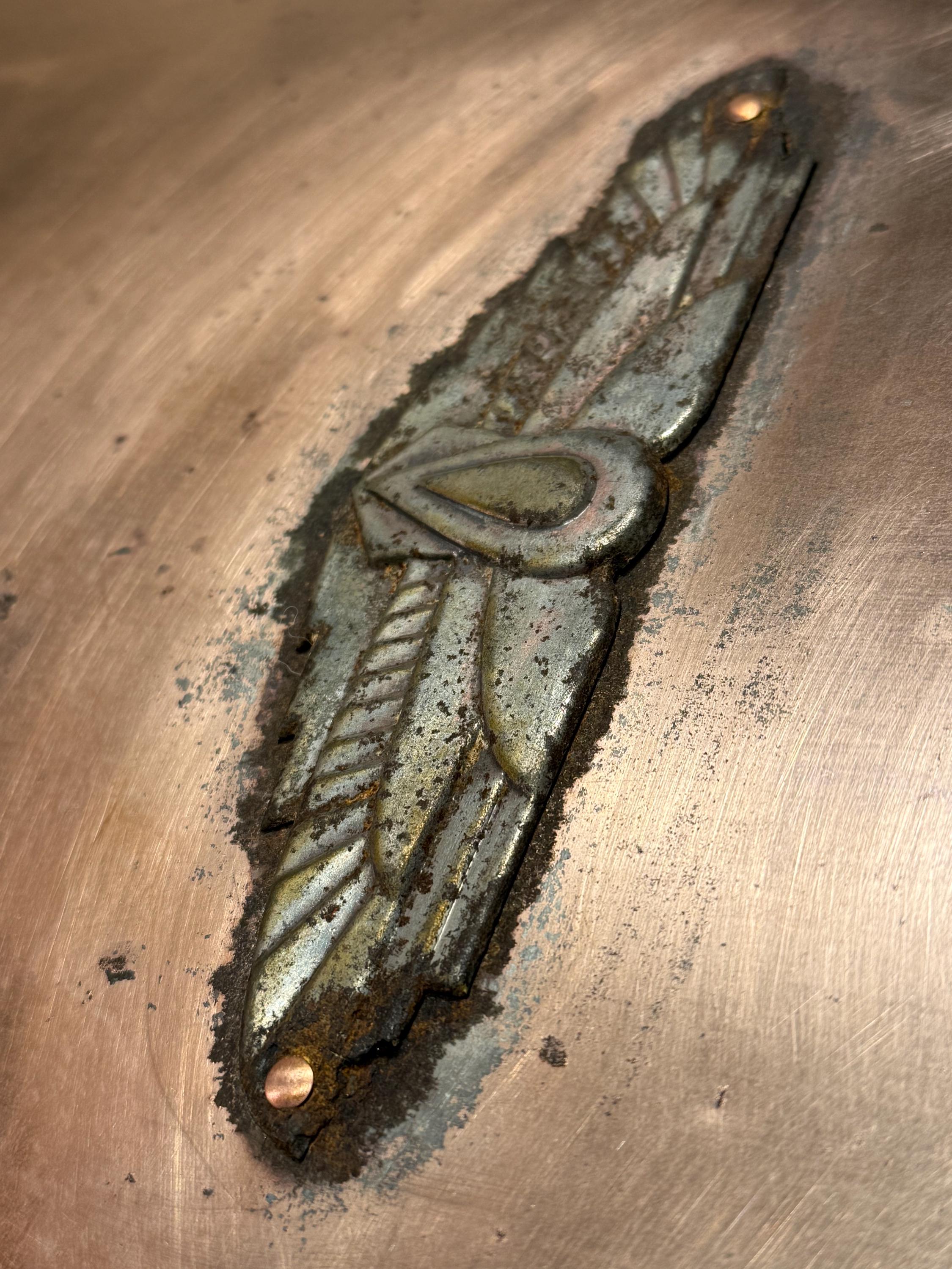 Vintage Copper Patinated Worn Rusty Corroded Lightweight Old Fireplace Screen with Art Deco Winged Aviation Badge Motif | Rustic Home Decor