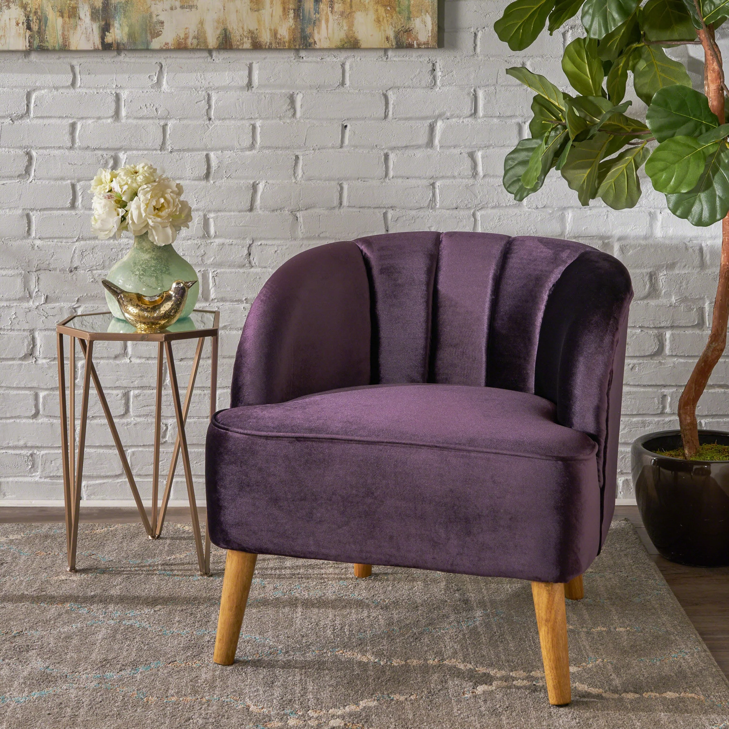 Roomfitters Modern Velvet Accent Chair, Upholstered Barrel Chair with Wooden Legs