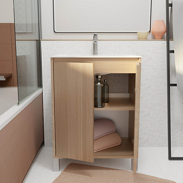 Pack Meuble Salle de Bains 60 cm Chêne Clair, 2 portes avec Vasque Céramique - XENOS