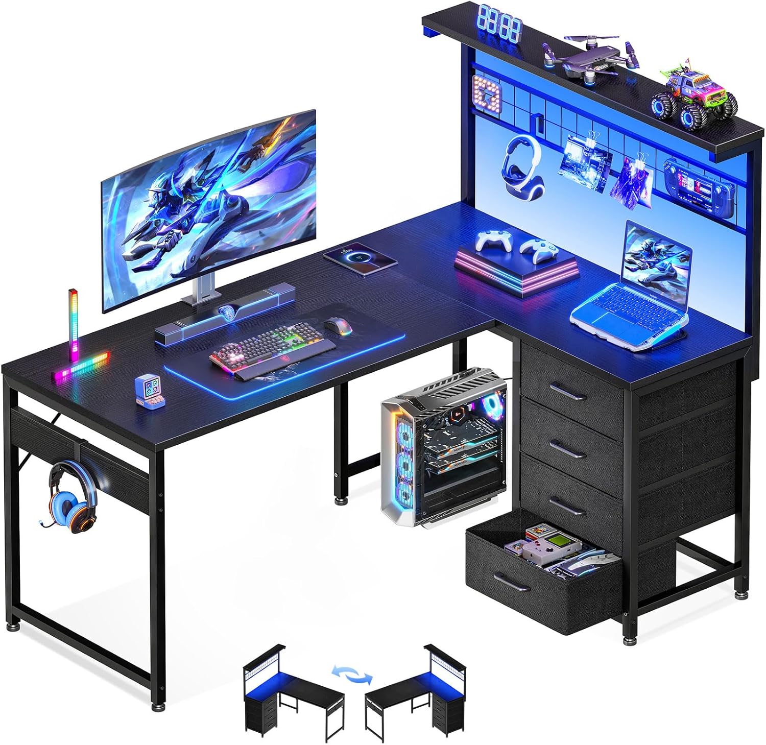 MOTPK 43” L Shaped Gaming Desk for Small Rooms, Compact Corner Computer Table with Shelf & Hutch, 4 Drawers, Reversible Study Desk with LED Light, Home Office Table, Black