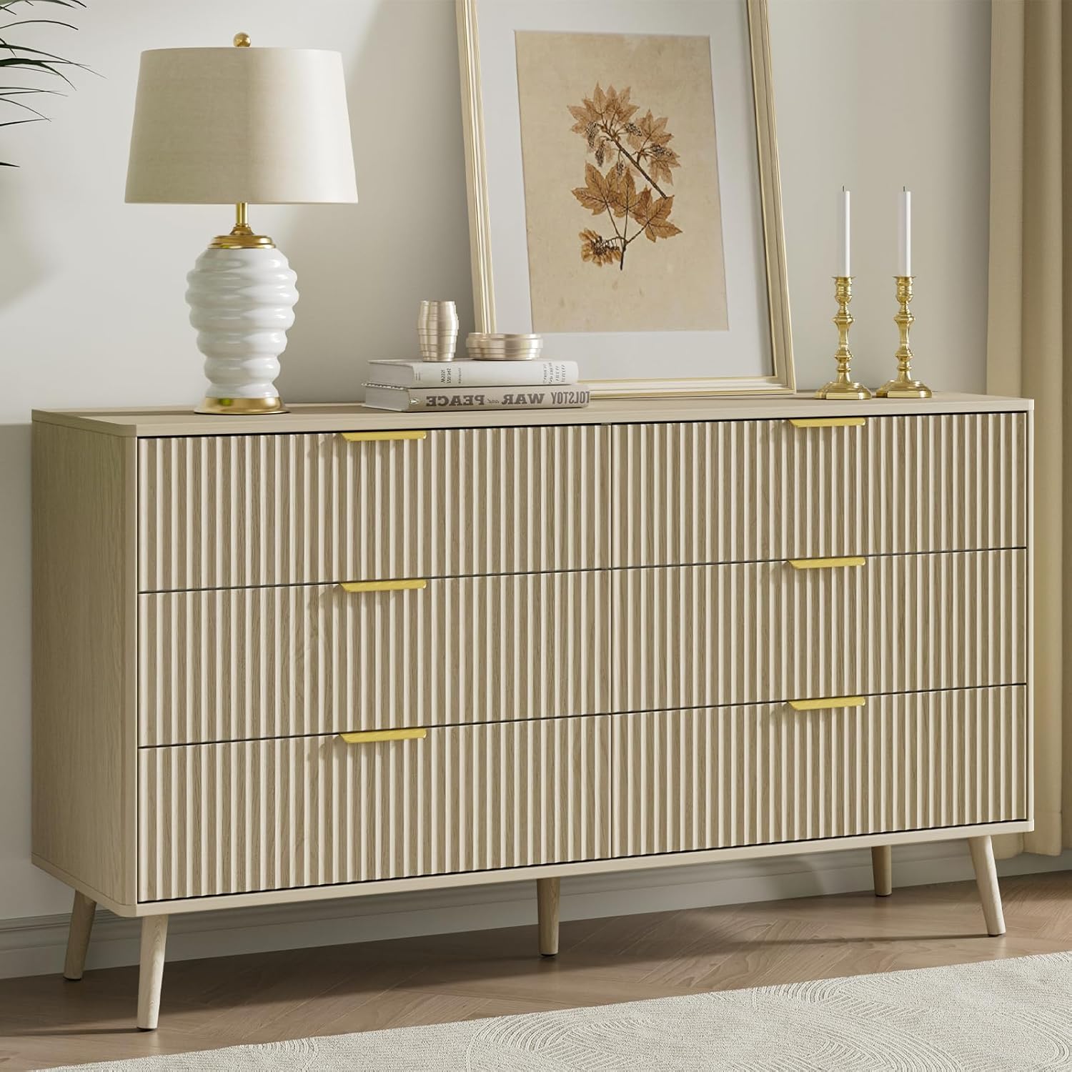 LYNSOM 55 Wide Fluted Dresser for Bedroom with 6 Drawer, Modern Chest of Drawers with Curved Profile Design and Metal Handles, Wood Dresser TV Stand & Storage Organizer for Living Room, Beige