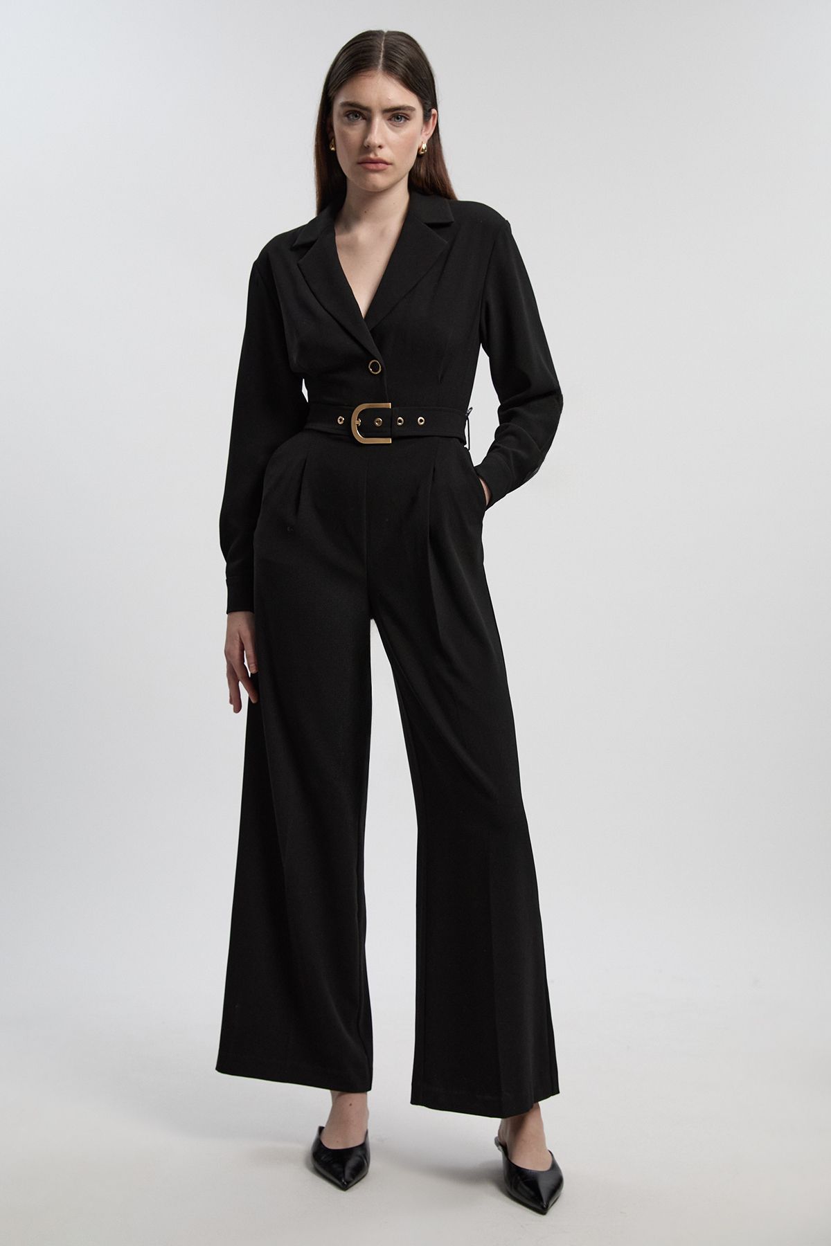 KarenMillen Petite Tailored Crepe Belted Wide Leg Jumpsuit