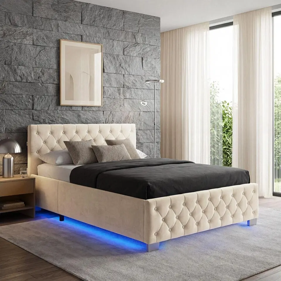 tectake Gestoffeerd bed met LED & opbergruimte, 120 x 200 cm, Fluweellook Zand