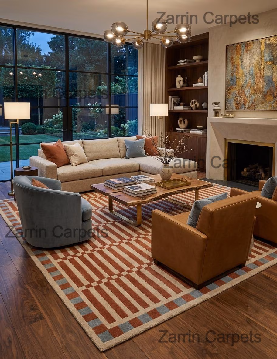 Hand Tufted Wool Area Rug, Geometric Mid Century Boho Decor, Rust Orange Carpet