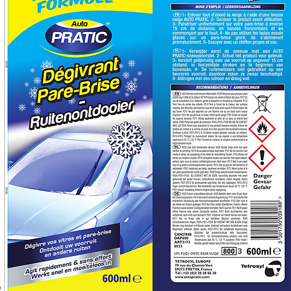 Dégivrant pare-brise Autopratic DAP600 pour l'hiver contenance 600 ml
