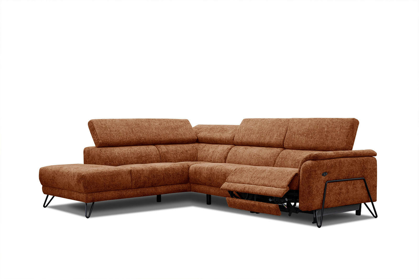 RODEN - Canapé d'angle gauche 5places avec relax électrique tissu rouge brique